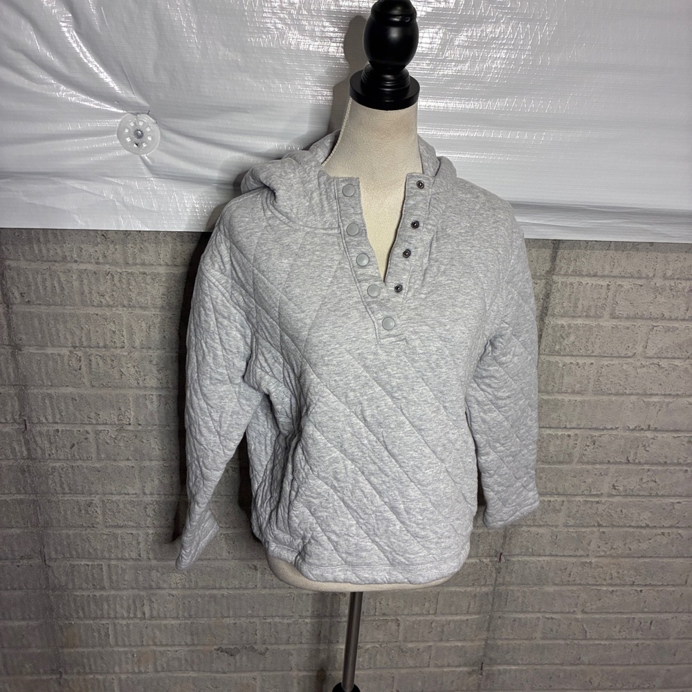 Lands End Womens Quilted Snap Neck Hoodie Heather Gray Pullover Size M 8-10